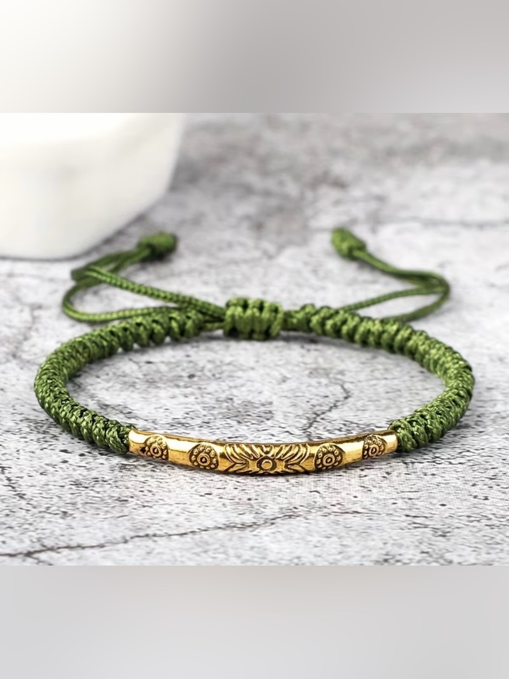 New Braided Adjustable Boho Stamped Bracelet Gold Tone Green